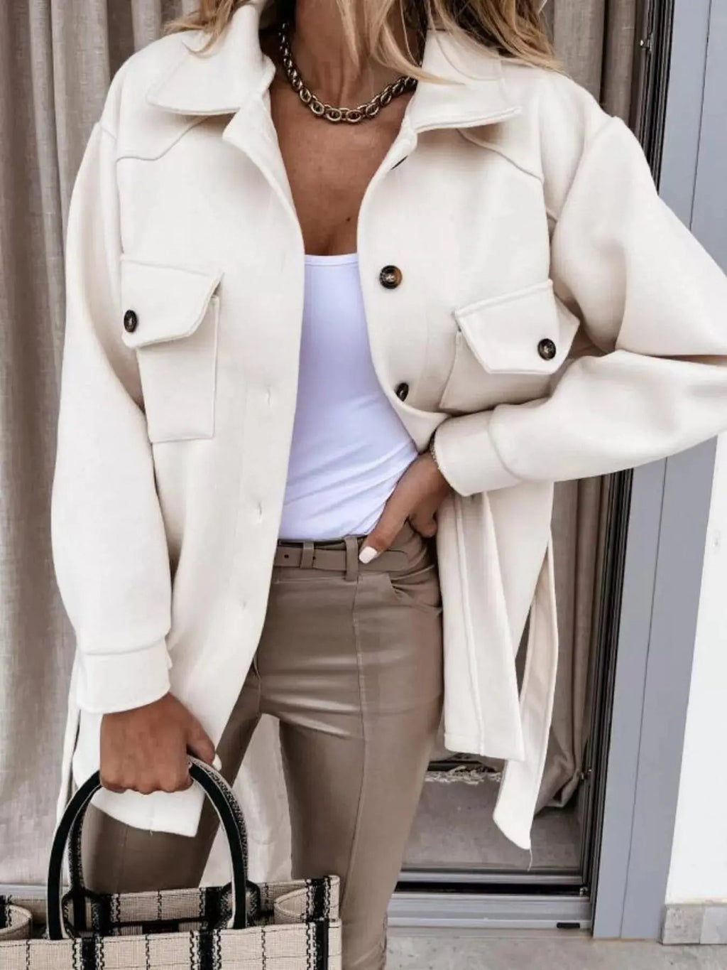 Button - Down Tie Waist Coat - Charmdeals