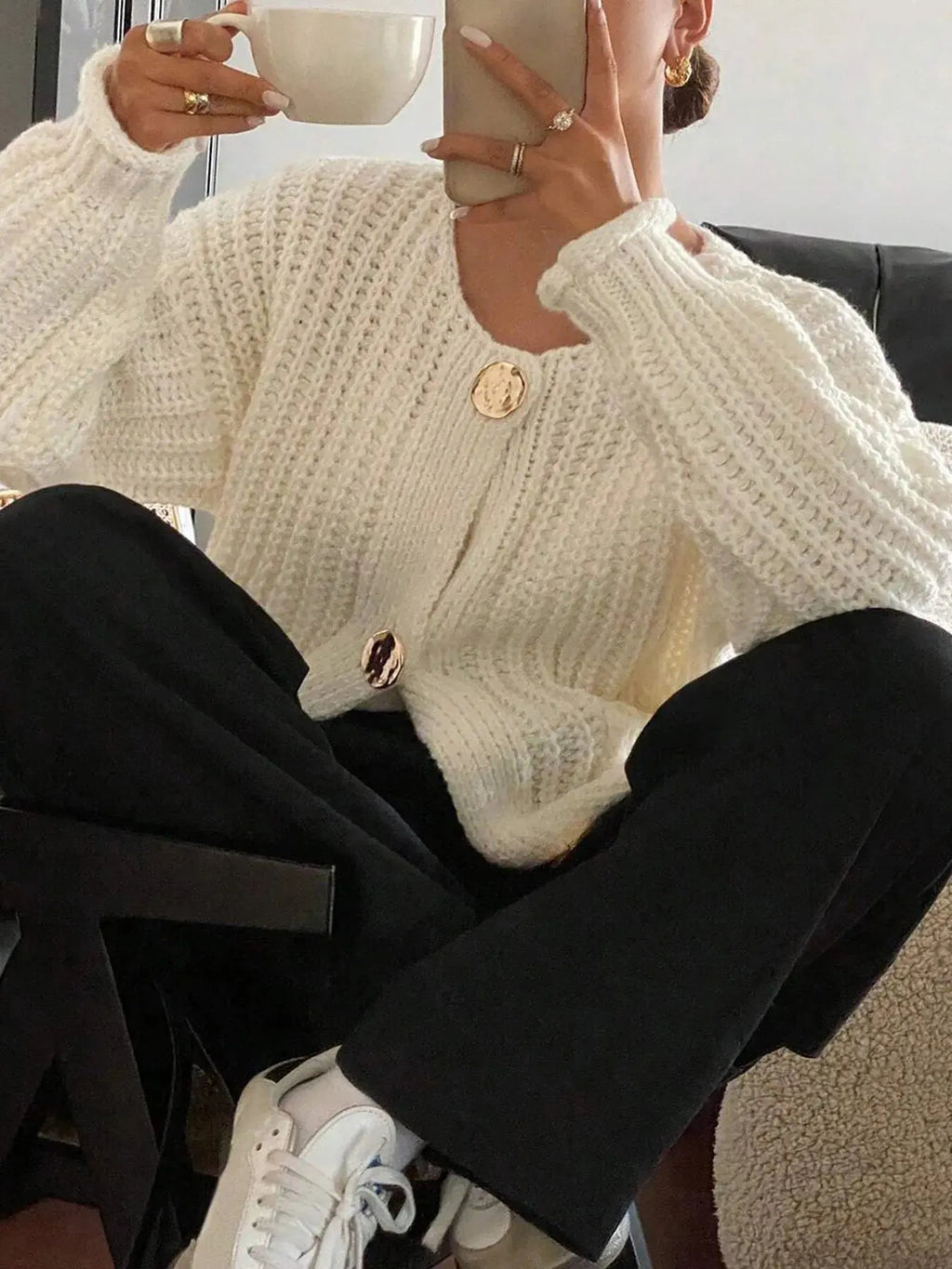 Button - Front Knit Cardigan with Pockets - Charmdeals