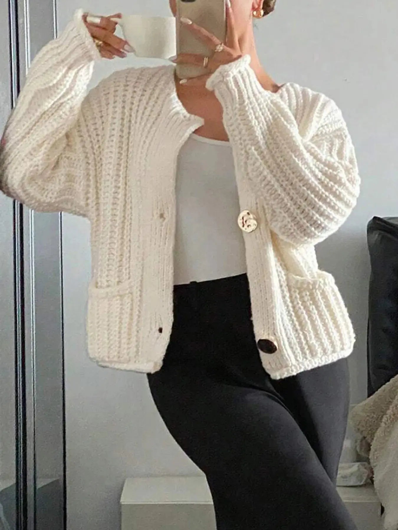 Button - Front Knit Cardigan with Pockets - Charmdeals