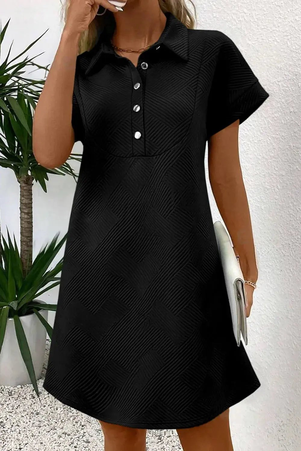 Button Front Short Sleeve Mini Dress - Charmdeals