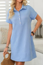Button Front Short Sleeve Mini Dress - Charmdeals