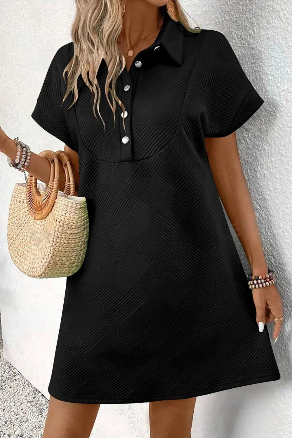 Button Front Short Sleeve Mini Dress - Charmdeals