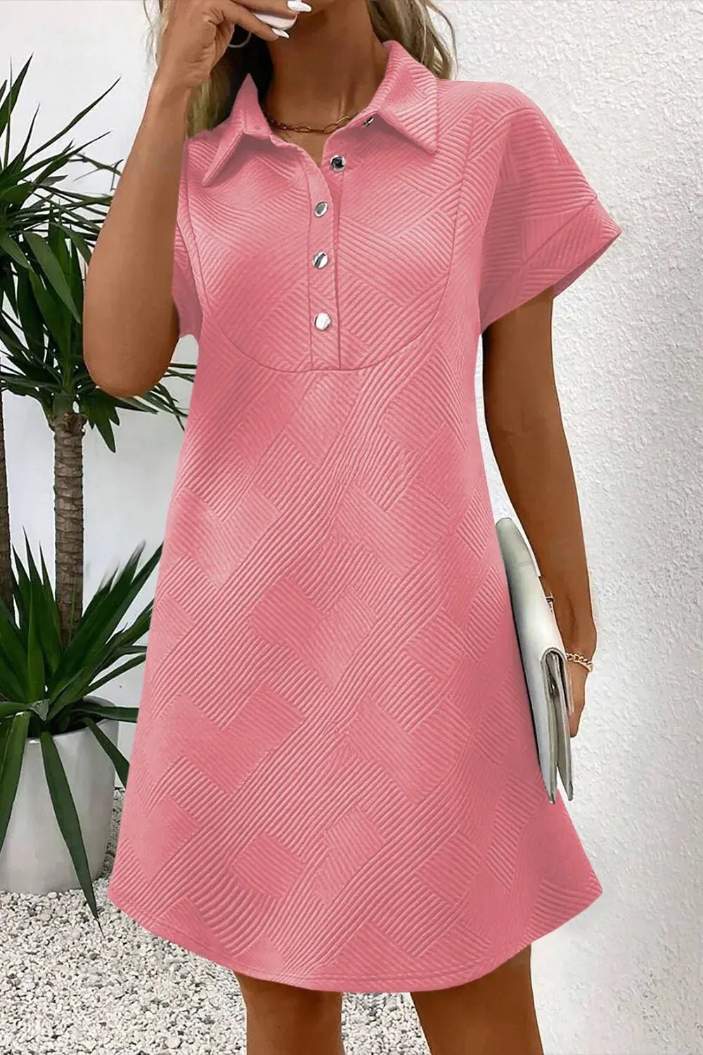 Button Front Short Sleeve Mini Dress - Charmdeals