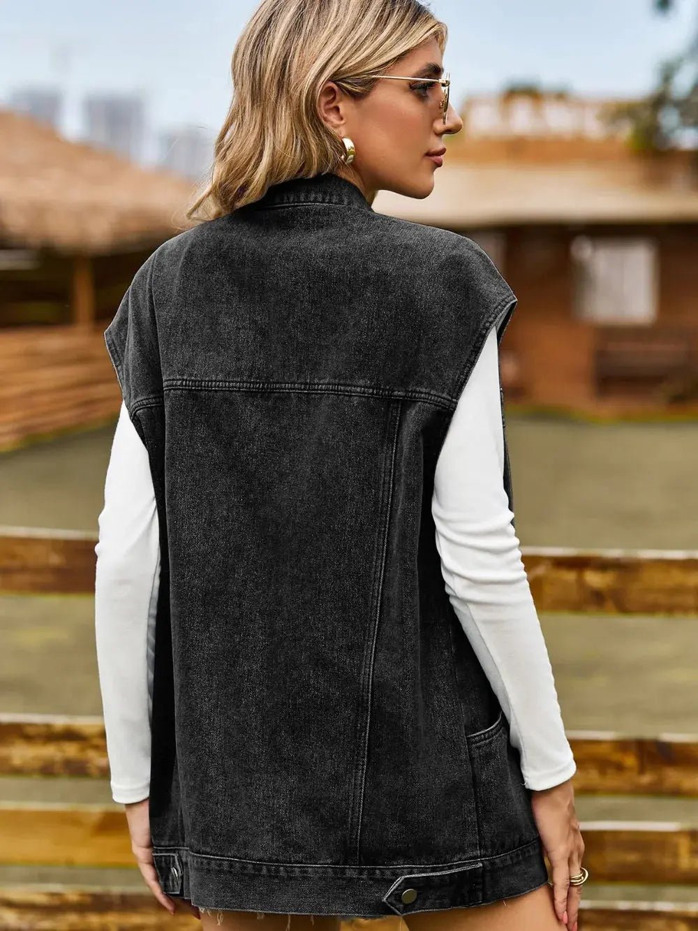 Button Up Collared Neck Sleeveless Denim Jacket - Charmdeals