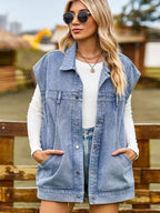 Button Up Collared Neck Sleeveless Denim Jacket - Charmdeals