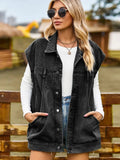 Button Up Collared Neck Sleeveless Denim Jacket - Charmdeals