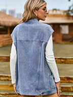 Button Up Collared Neck Sleeveless Denim Jacket - Charmdeals