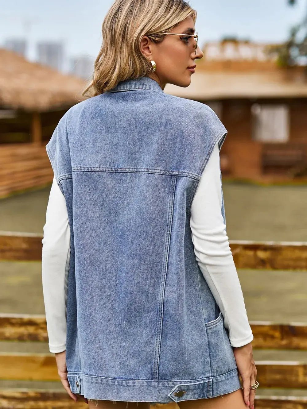 Button Up Collared Neck Sleeveless Denim Jacket - Charmdeals