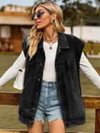 Button Up Collared Neck Sleeveless Denim Jacket - Charmdeals