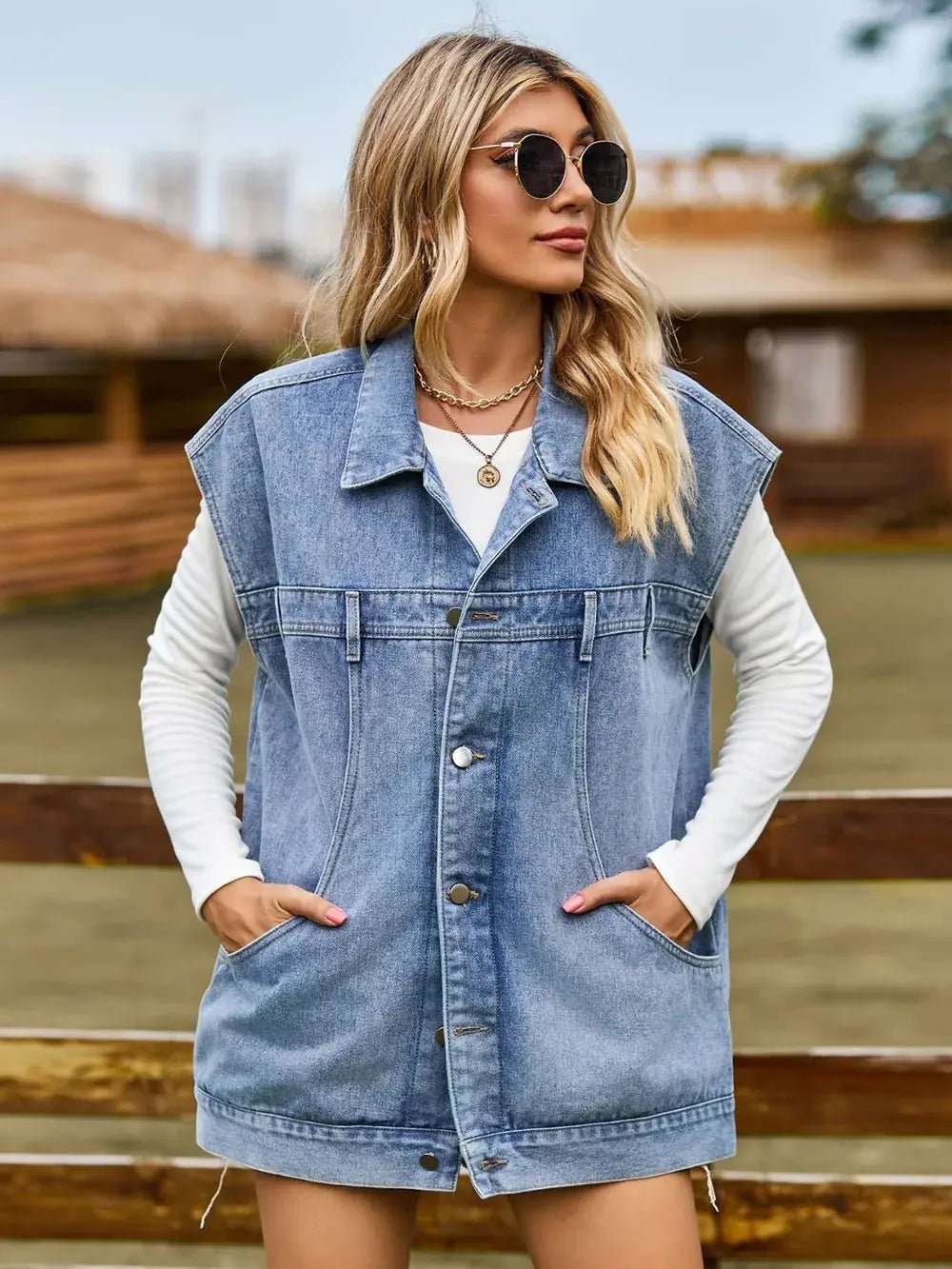 Button Up Collared Neck Sleeveless Denim Jacket - Charmdeals