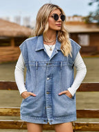 Button Up Collared Neck Sleeveless Denim Jacket - Charmdeals