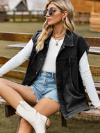 Button Up Collared Neck Sleeveless Denim Jacket - Charmdeals