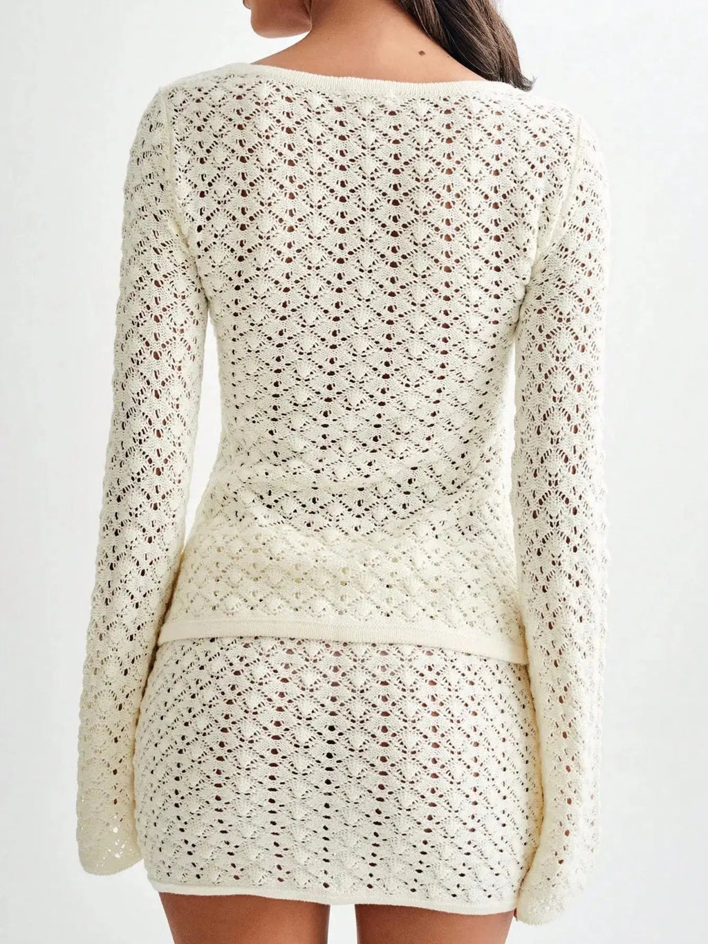 Button Up Crochet Cardigan and Skirt Sweater Set - Charmdeals