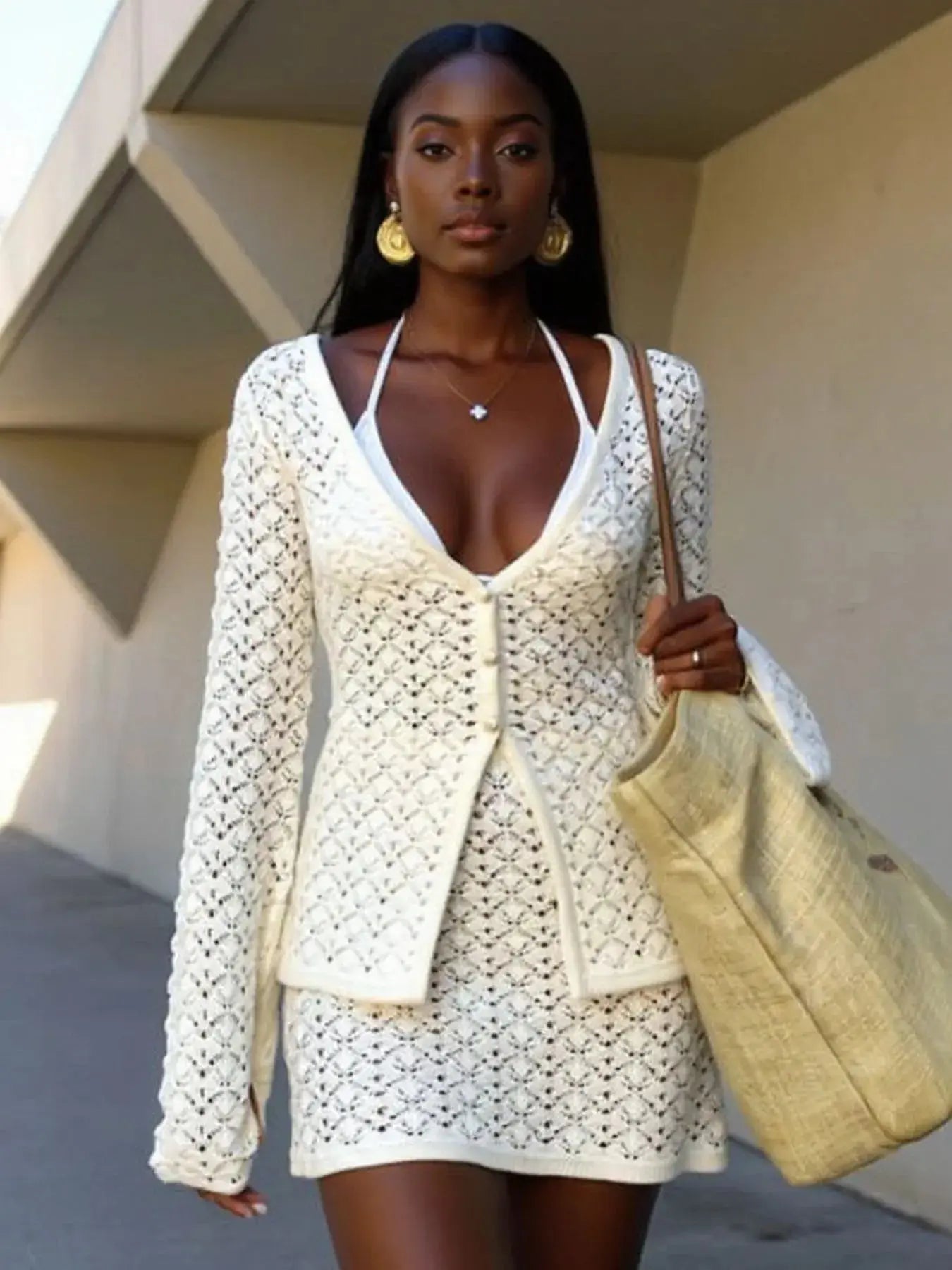 Button Up Crochet Cardigan and Skirt Sweater Set - Charmdeals