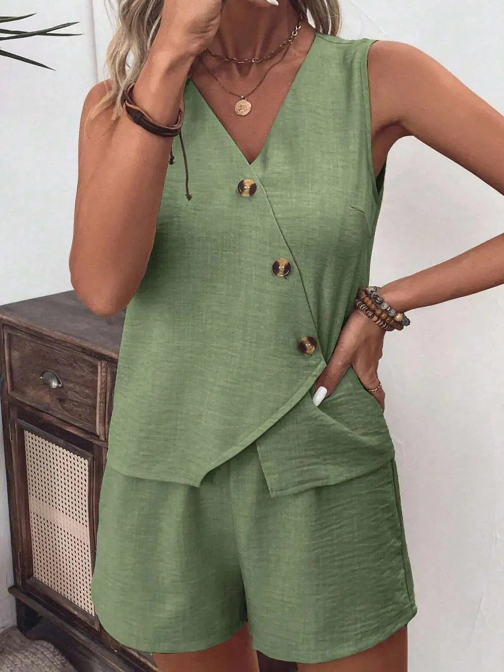 Button Up Vest and Shorts Set - Charmdeals