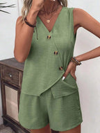 Button Up Vest and Shorts Set - Charmdeals