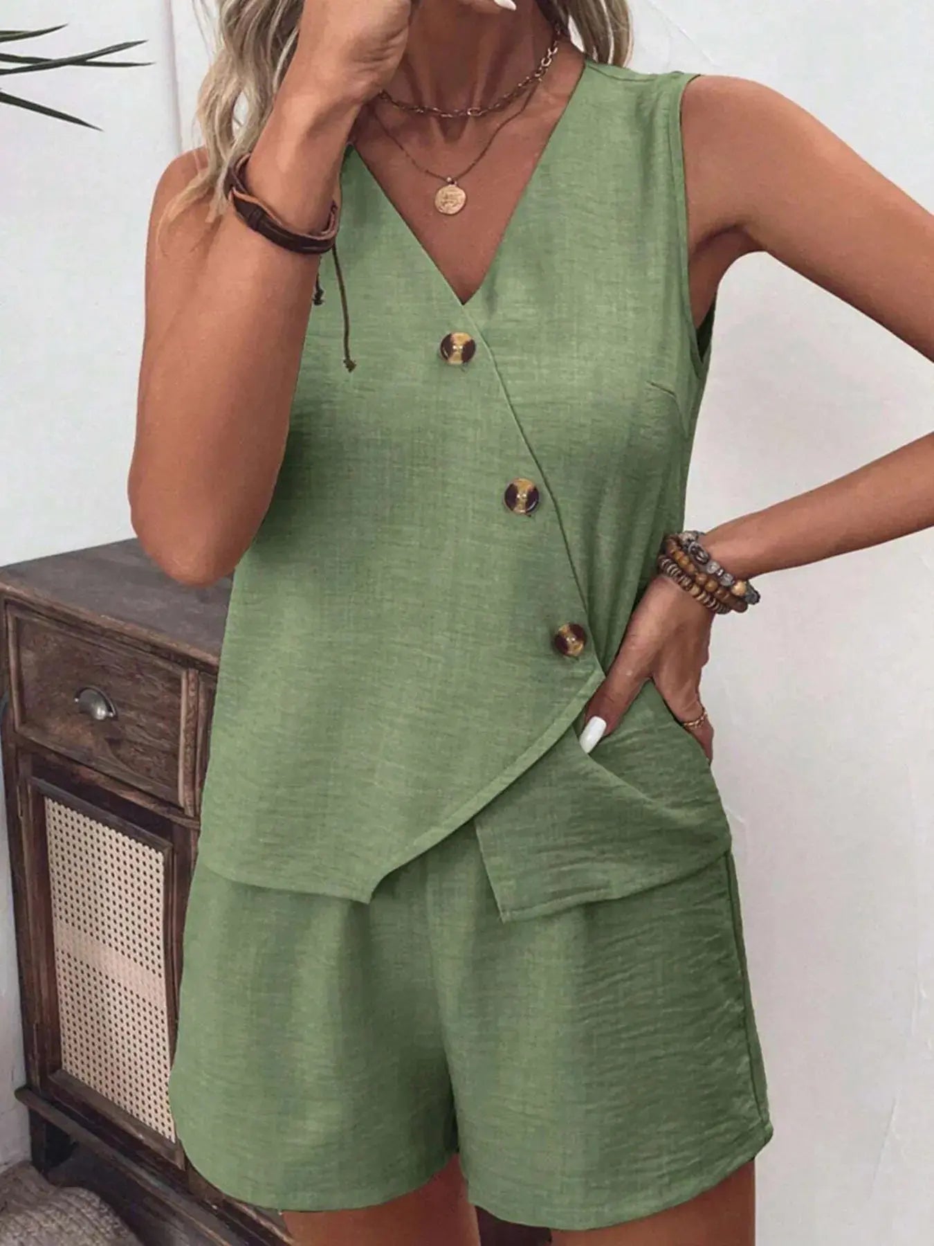 Button Up Vest and Shorts Set - Charmdeals