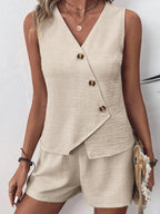 Button Up Vest and Shorts Set - Charmdeals