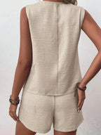 Button Up Vest and Shorts Set - Charmdeals