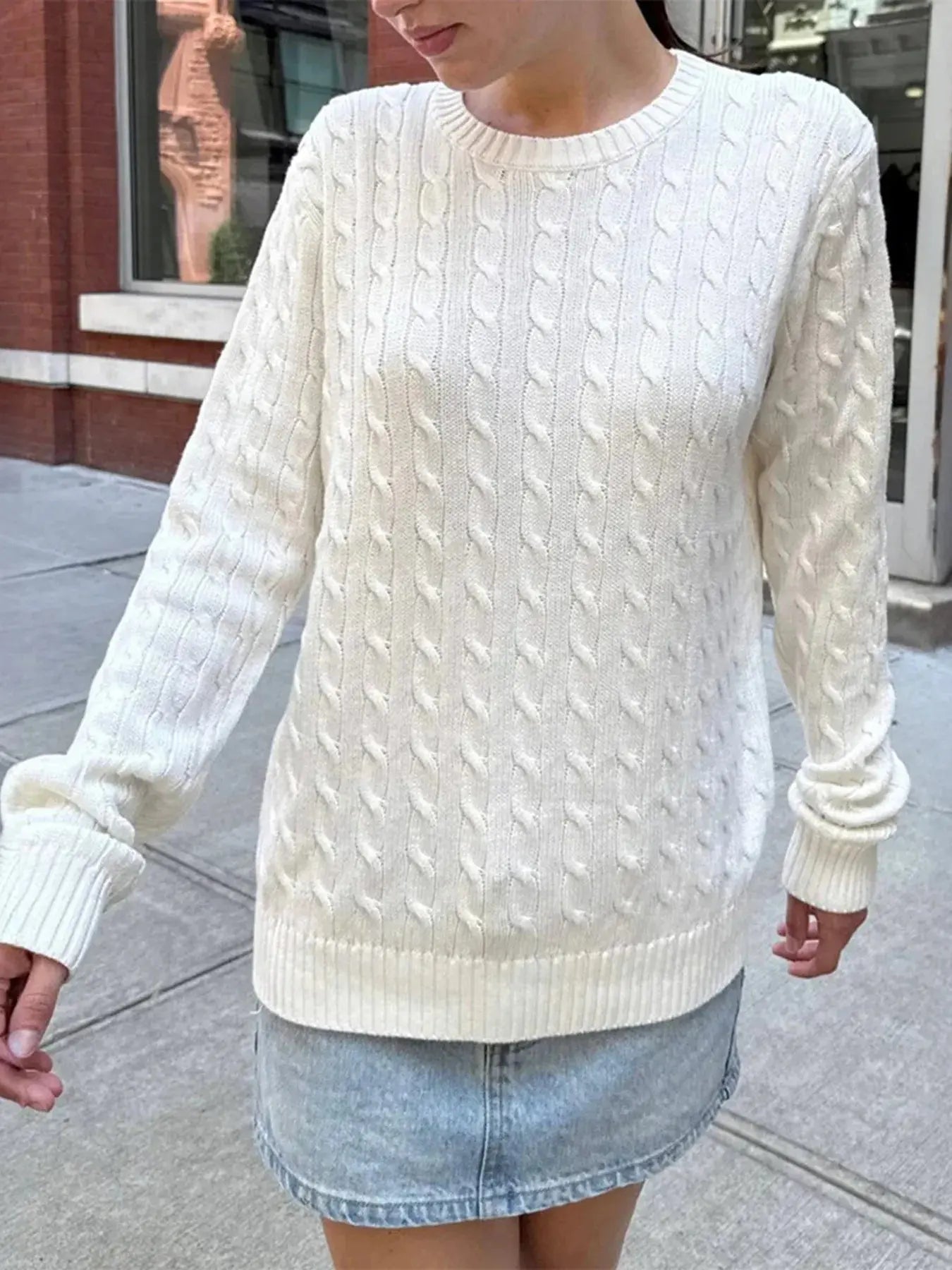 Cable - Knit Round Neck Pullover Sweater - Charmdeals