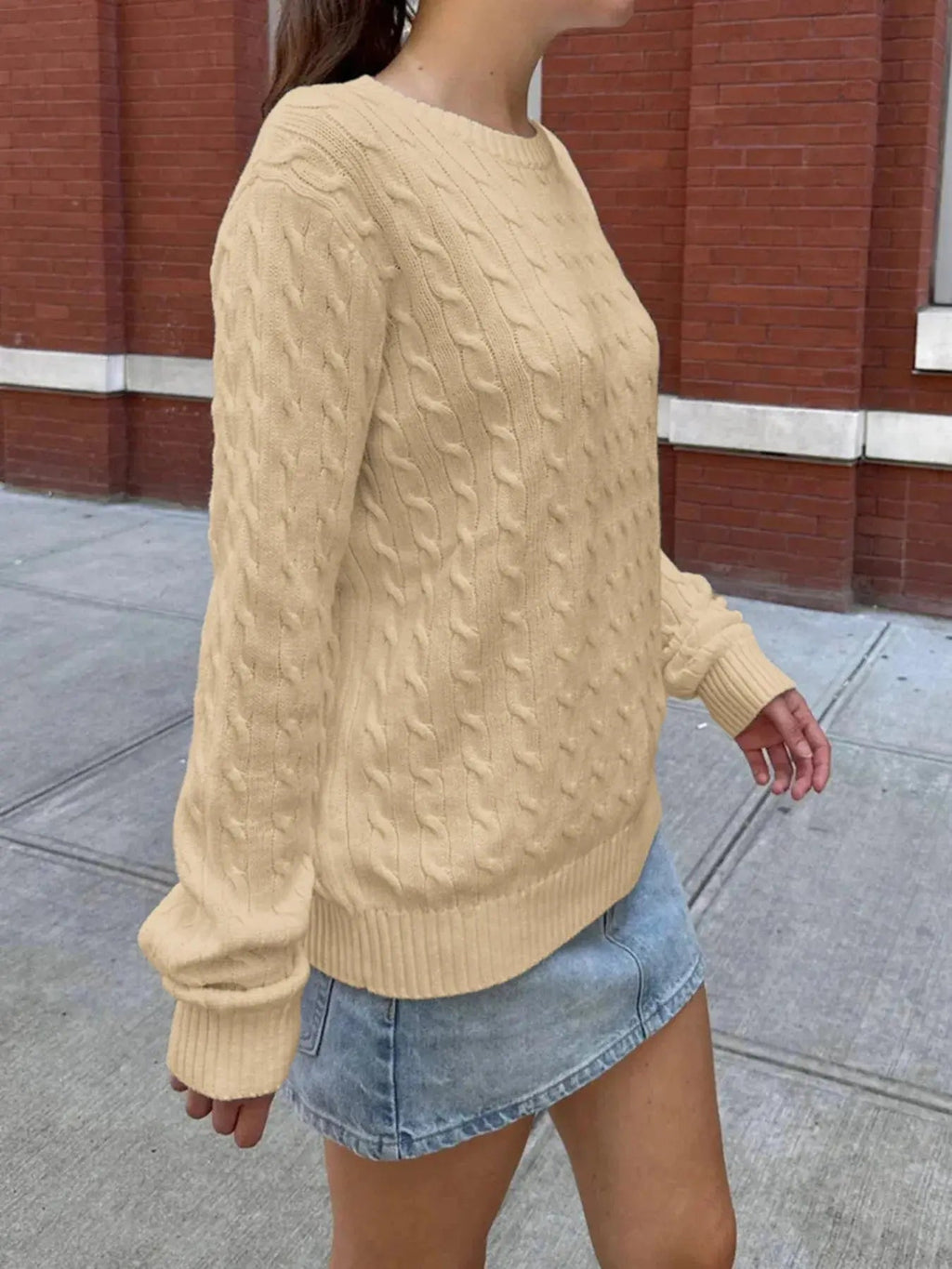 Cable - Knit Round Neck Pullover Sweater - Charmdeals