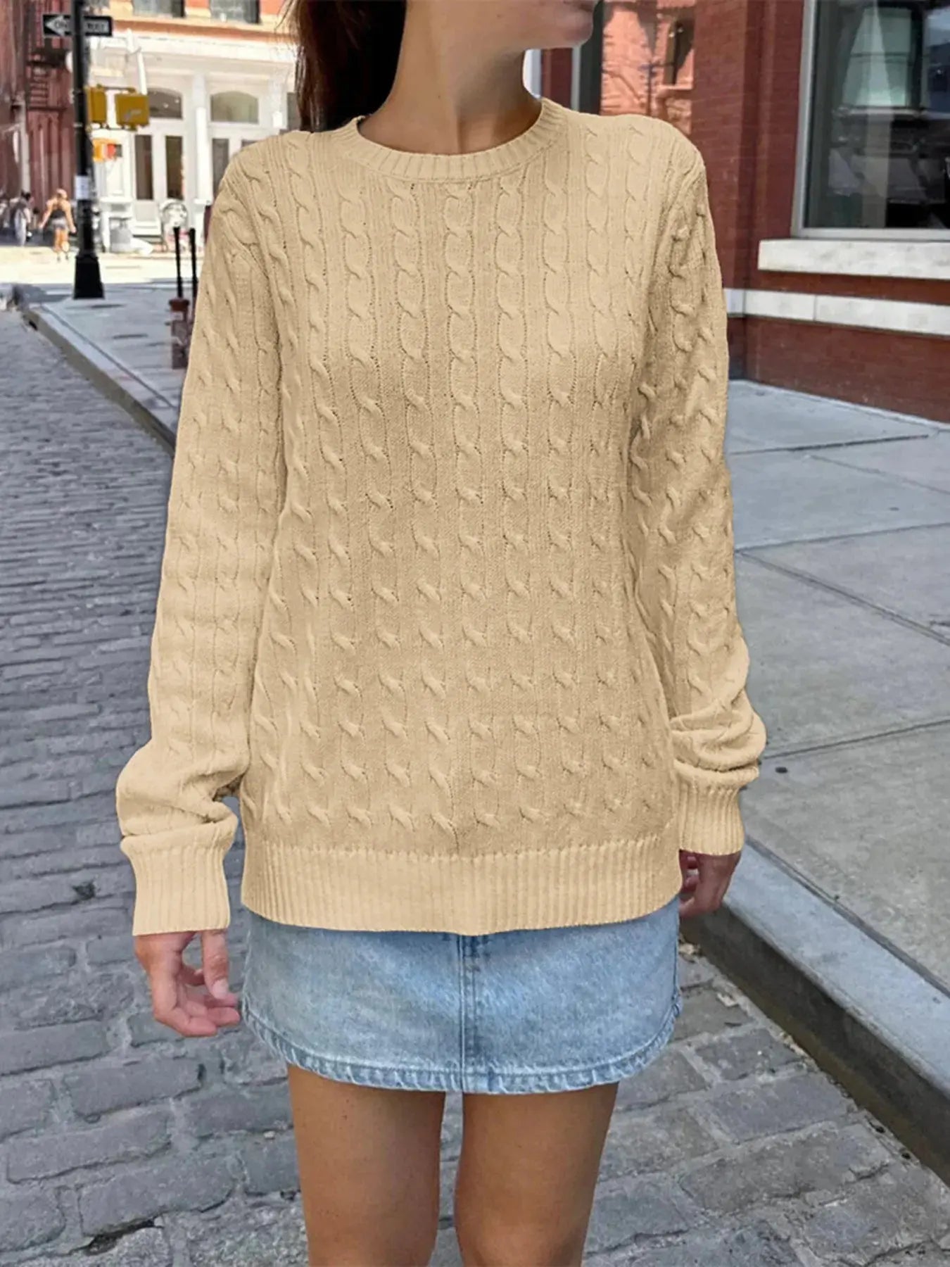 Cable - Knit Round Neck Pullover Sweater - Charmdeals