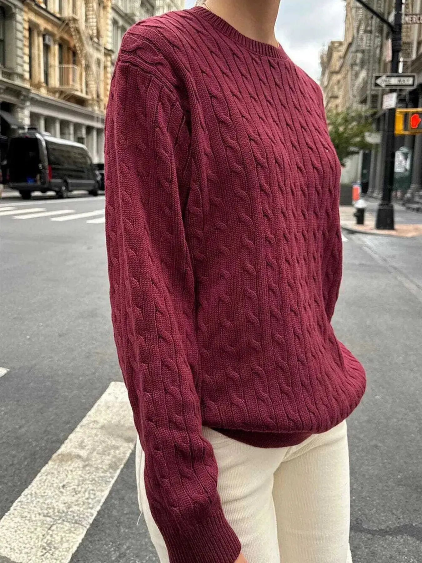 Cable - Knit Round Neck Pullover Sweater - Charmdeals