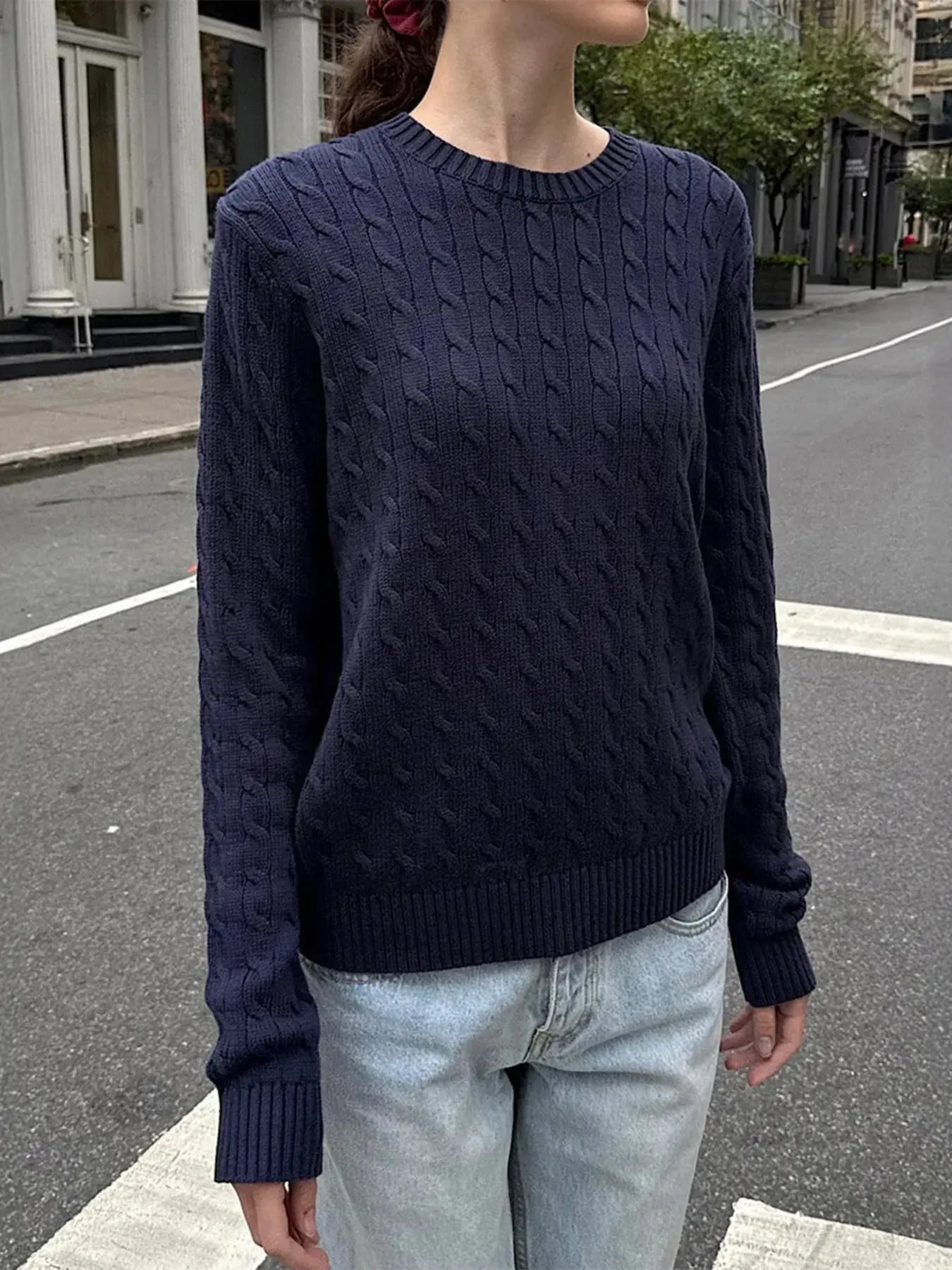Cable - Knit Round Neck Pullover Sweater - Charmdeals