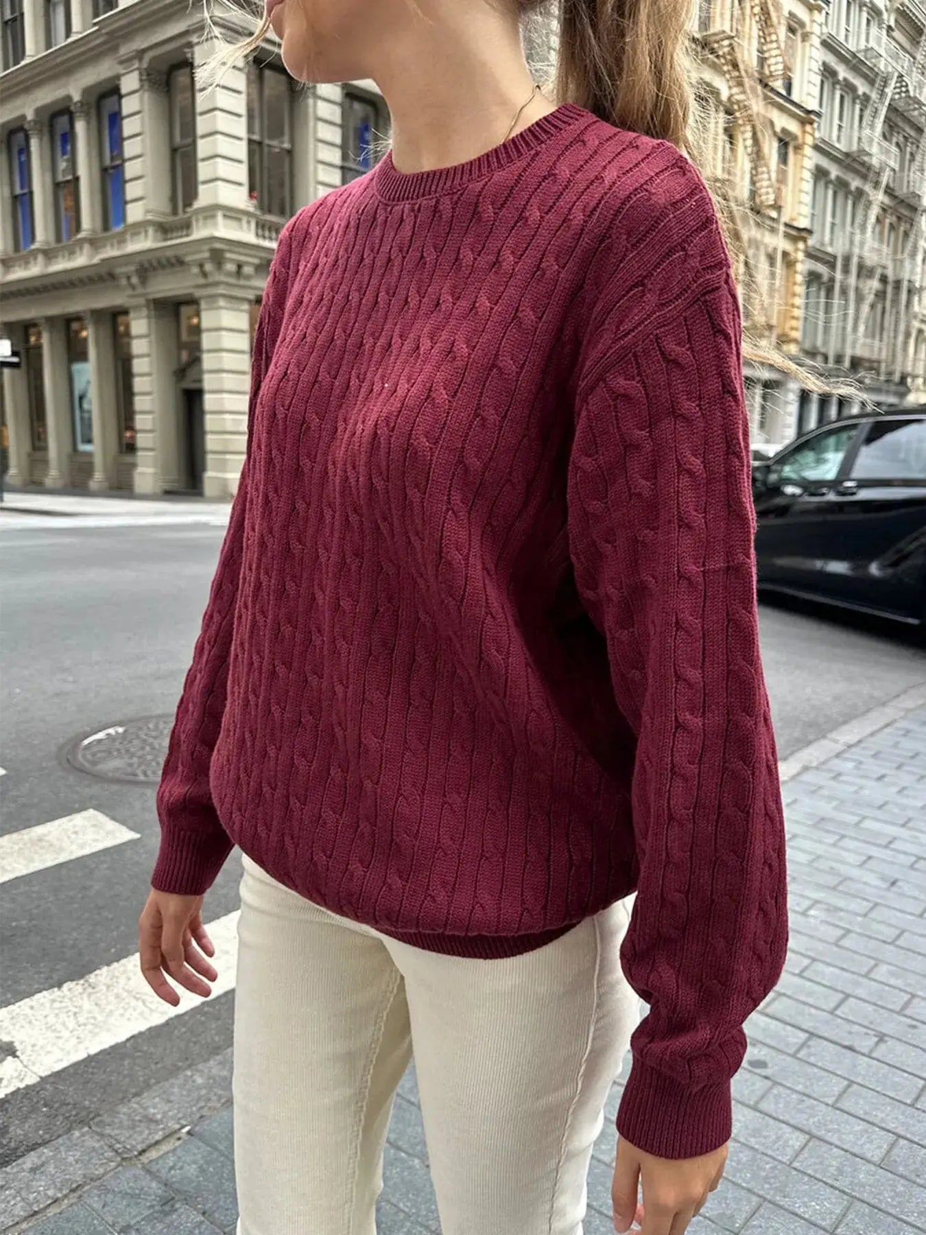 Cable - Knit Round Neck Pullover Sweater - Charmdeals