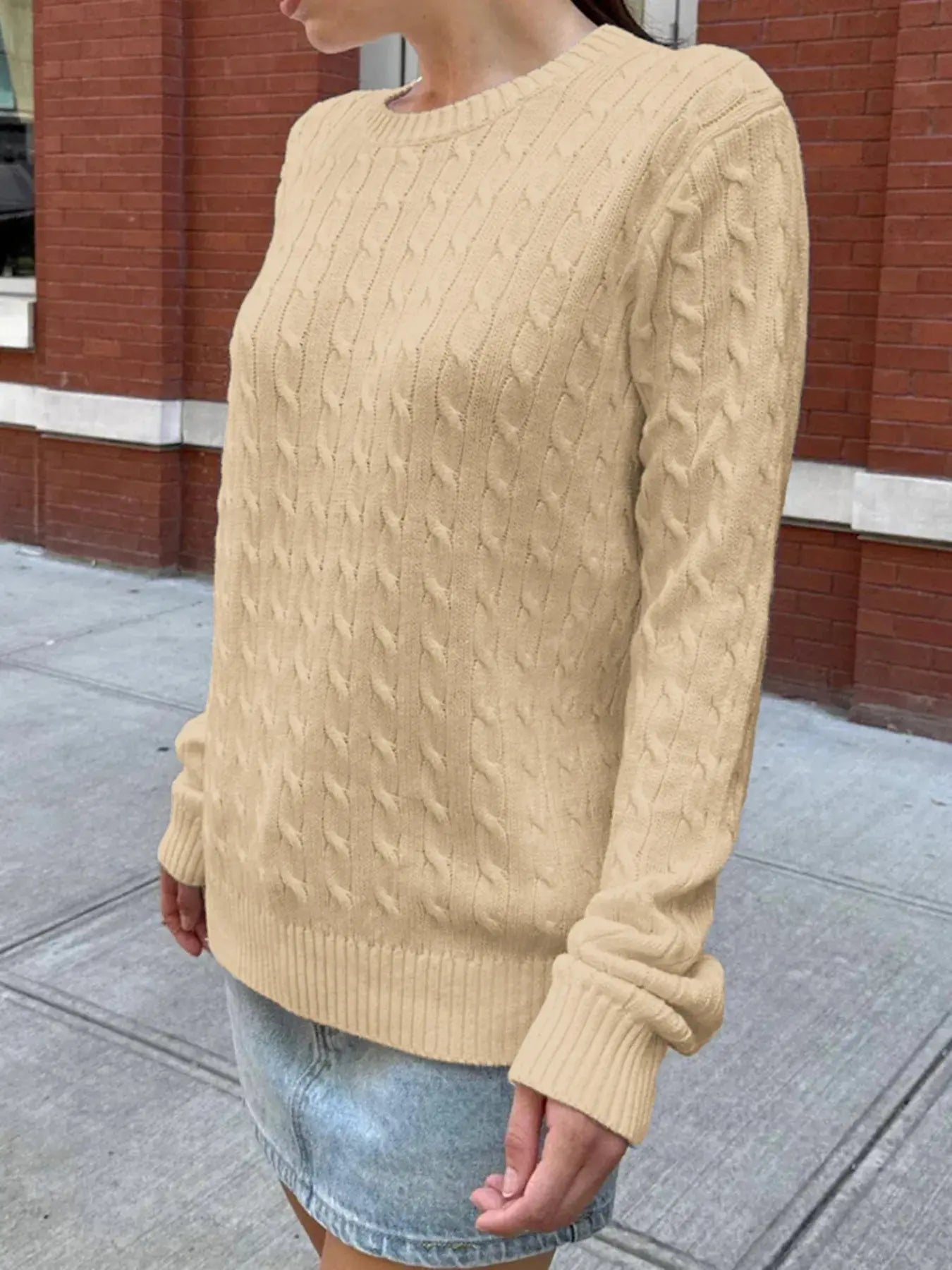 Cable - Knit Round Neck Pullover Sweater - Charmdeals