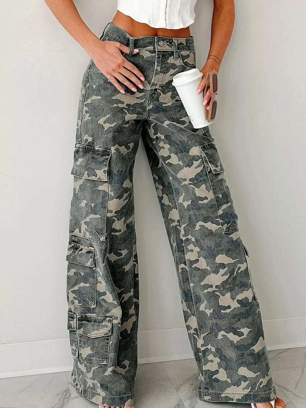 Camo Print Wide Leg Cargo Jeans - Charmdeals