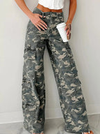 Camo Print Wide Leg Cargo Jeans - Charmdeals