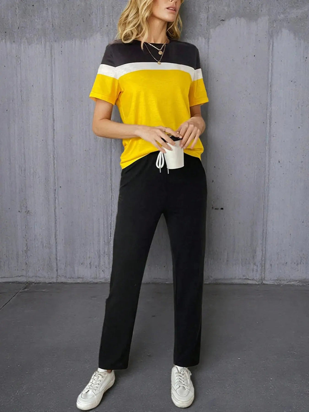 Casual Color Block Top and Pants Set - Charmdeals