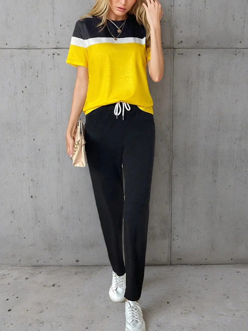 Casual Color Block Top and Pants Set - Charmdeals