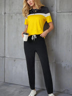 Casual Color Block Top and Pants Set - Charmdeals