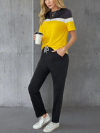 Casual Color Block Top and Pants Set - Charmdeals