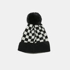 Checkered Knit Hat with Pompom - Charmdeals