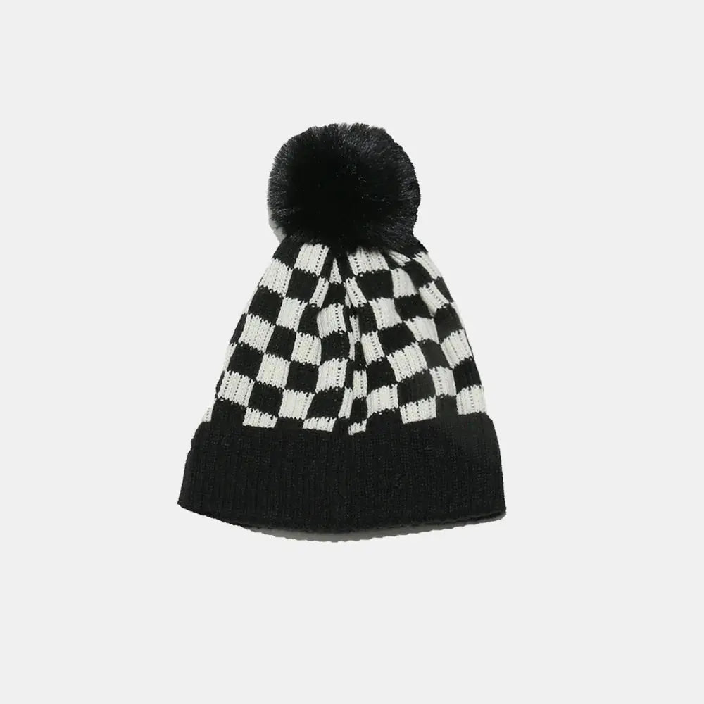 Checkered Knit Hat with Pompom - Charmdeals