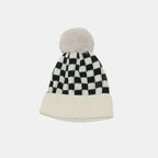 Checkered Knit Hat with Pompom - Charmdeals