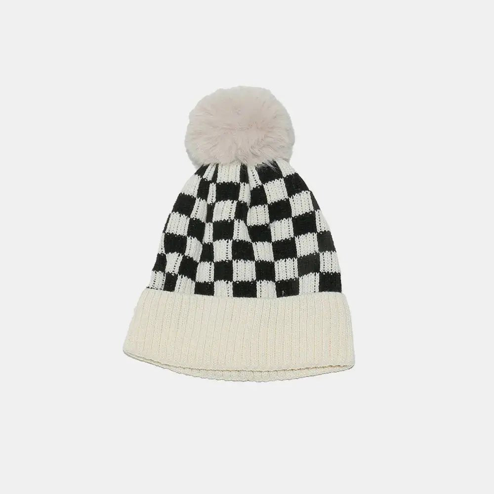Checkered Knit Hat with Pompom - Charmdeals
