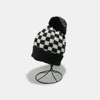 Checkered Knit Hat with Pompom - Charmdeals