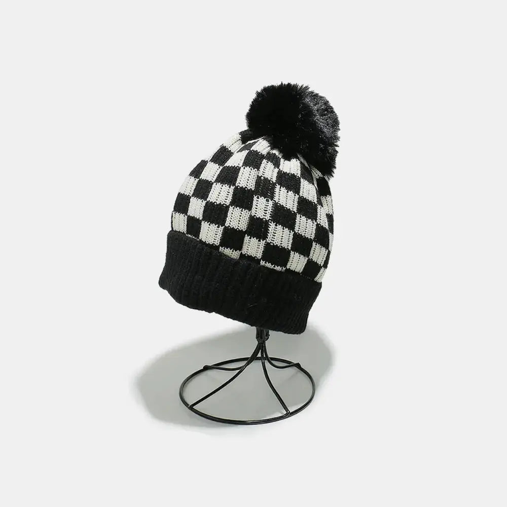Checkered Knit Hat with Pompom - Charmdeals