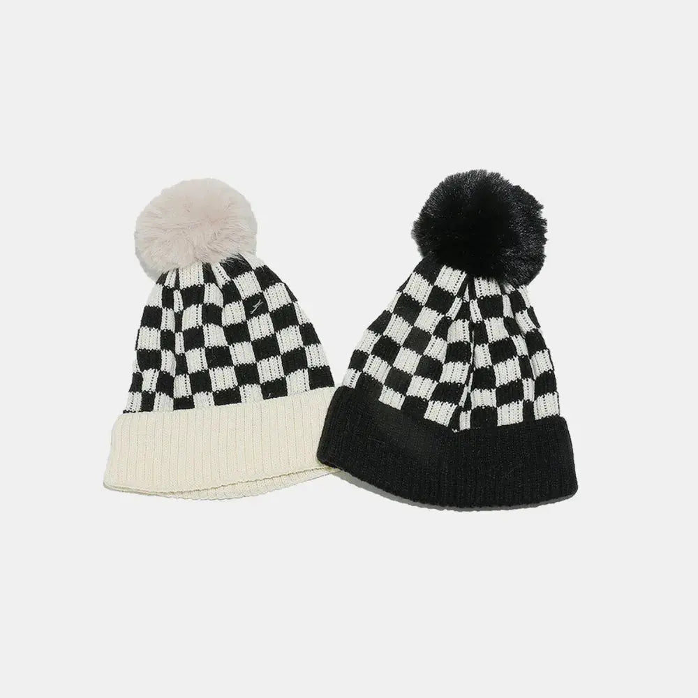 Checkered Knit Hat with Pompom - Charmdeals
