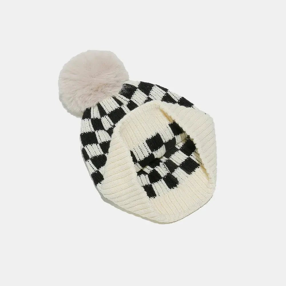 Checkered Knit Hat with Pompom - Charmdeals