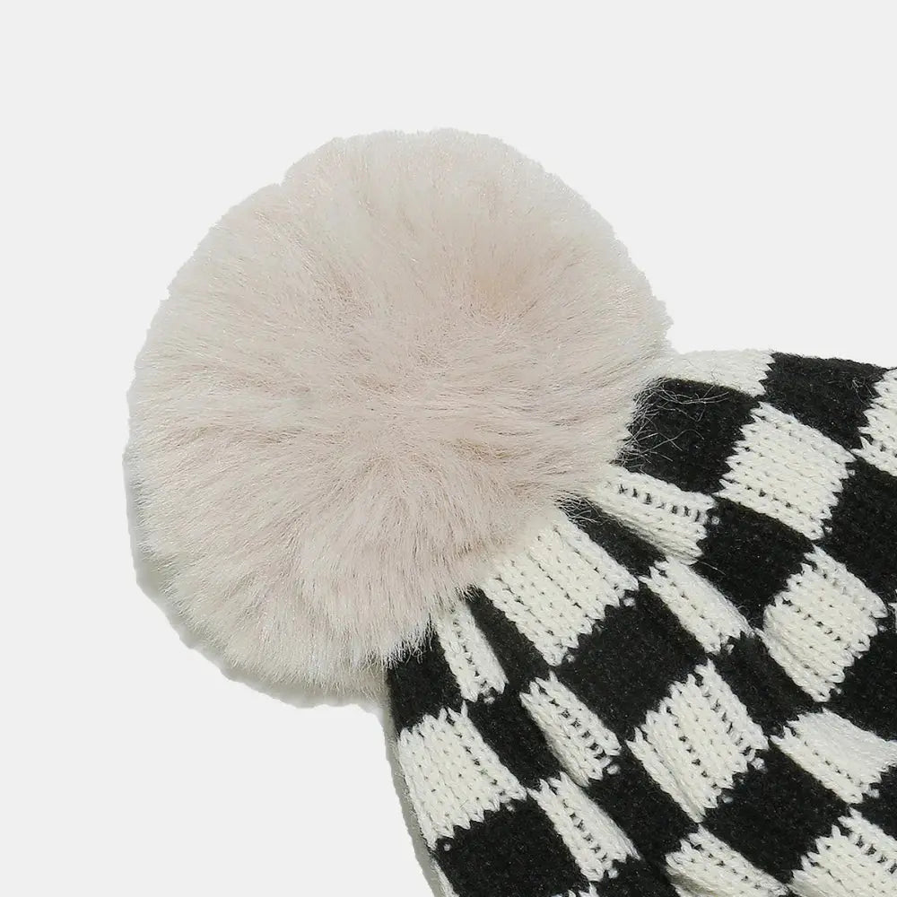 Checkered Knit Hat with Pompom - Charmdeals
