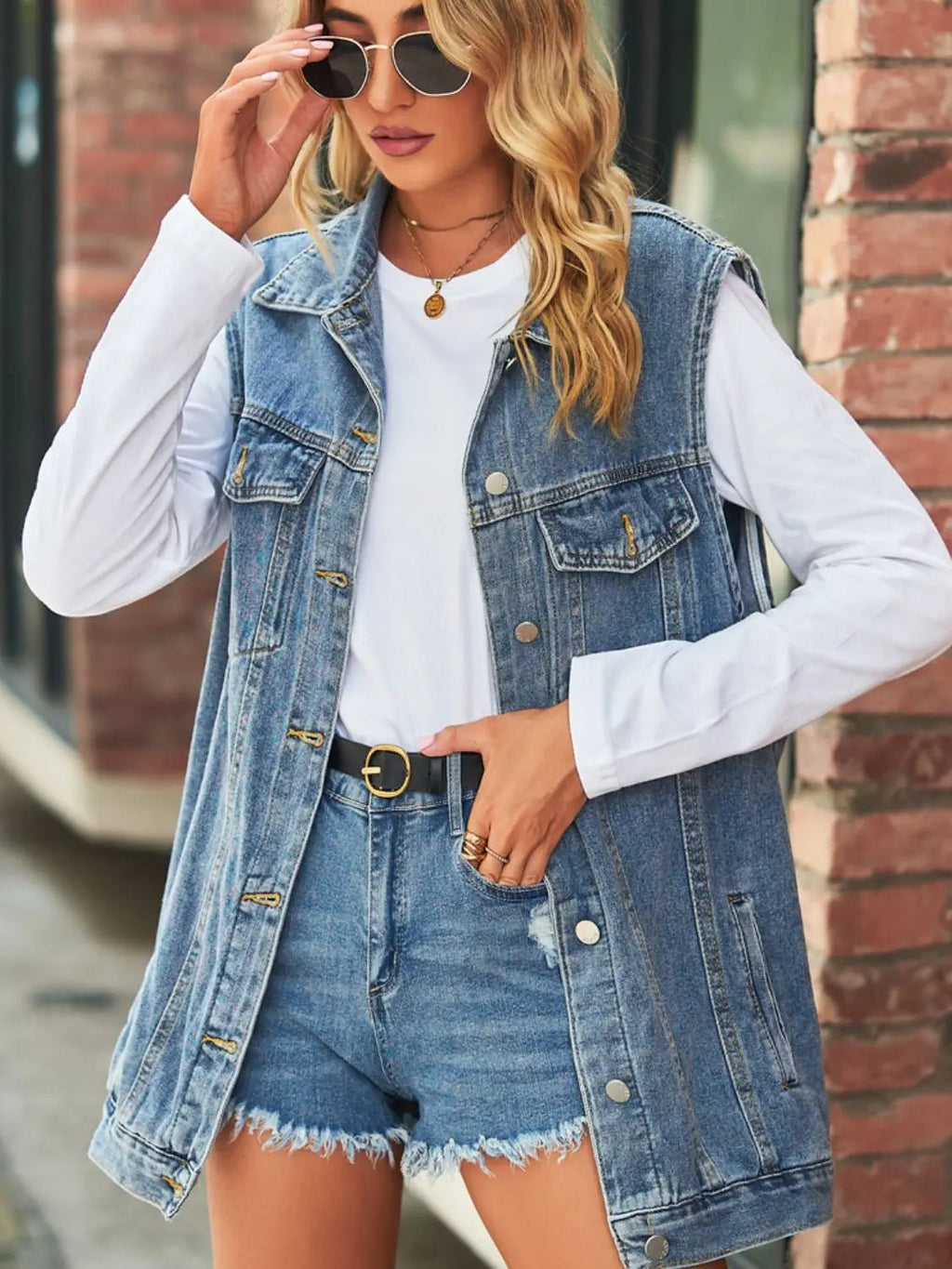 Collared Neck Sleeveless Denim Top with Pockets - Charmdeals
