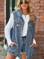 Collared Neck Sleeveless Denim Top with Pockets - Charmdeals