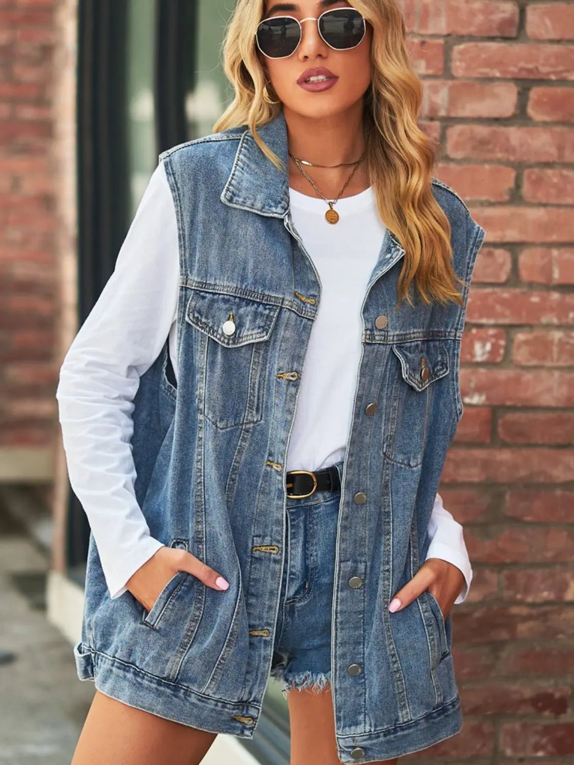Collared Neck Sleeveless Denim Top with Pockets - Charmdeals