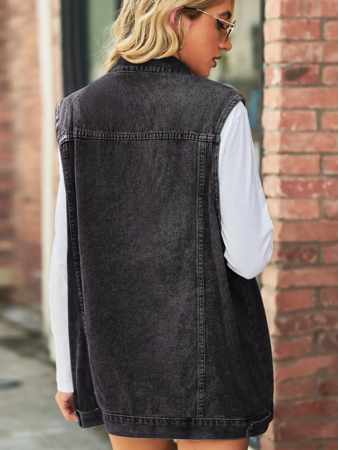 Collared Neck Sleeveless Denim Top with Pockets - Charmdeals