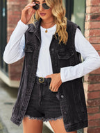 Collared Neck Sleeveless Denim Top with Pockets - Charmdeals